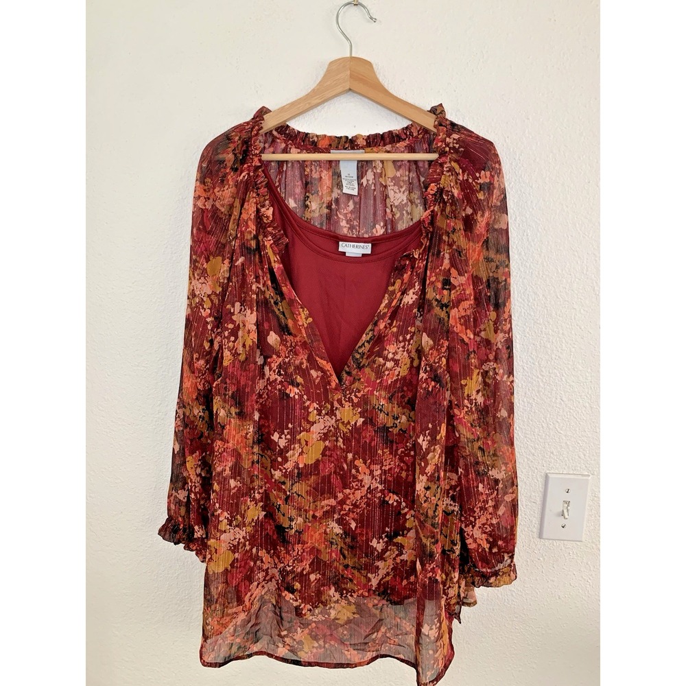 Catherines Floral Print‎ Tunic Top 1X Red Orange Sheer Layer Blouse